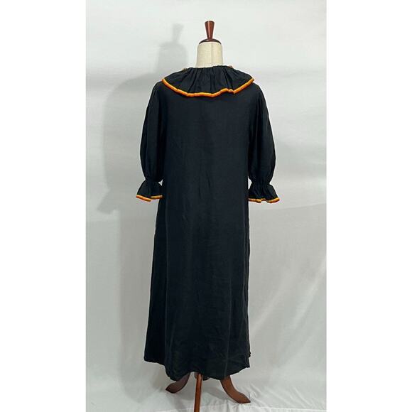 ELEVEN March 11 Sz S Small Black Linen Orange Yellow Trim Tassels Midi Dress - Picture 4 of 10